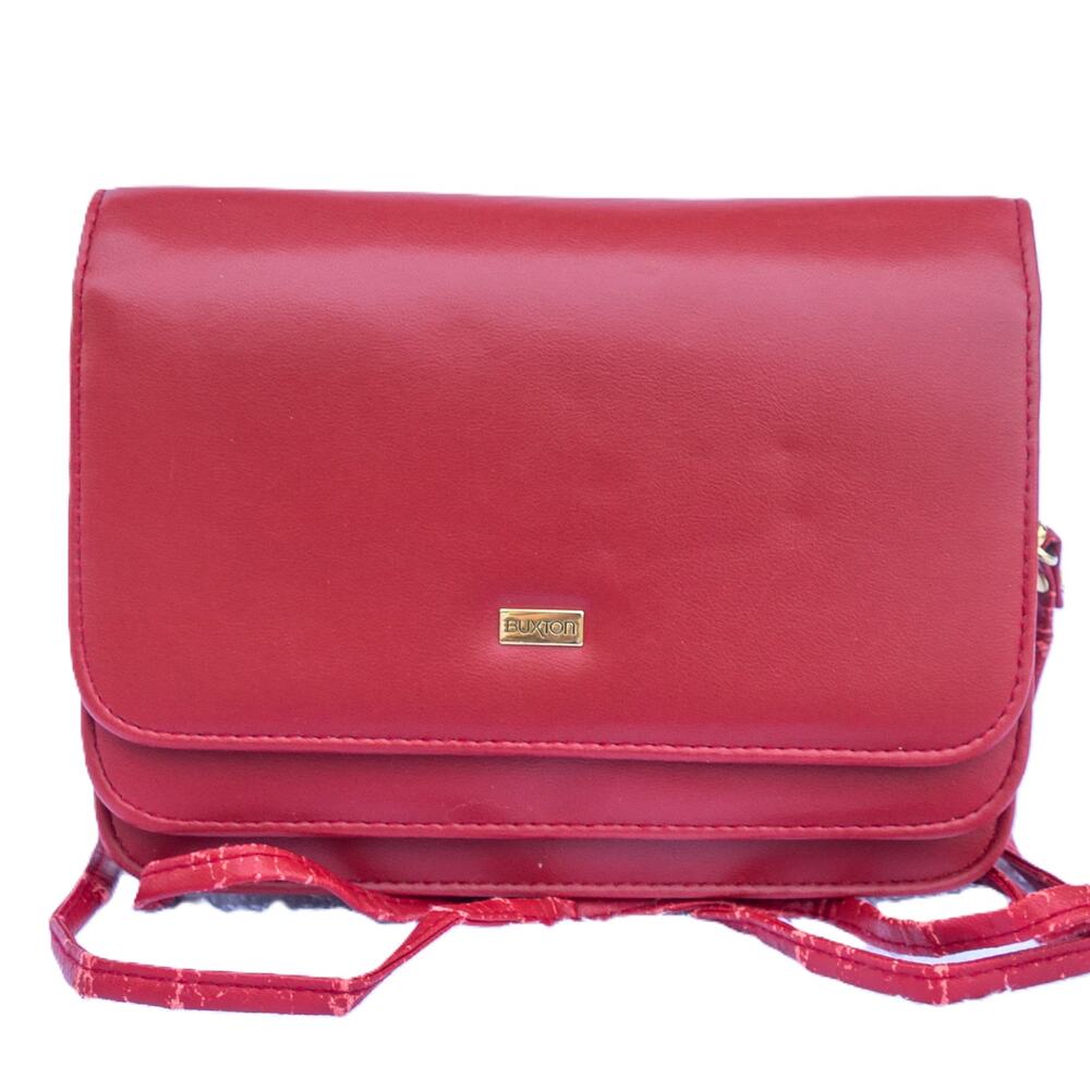 Red Leather BUXTON Organizer Purse Wallet Crossbody Clutch Double Flap Mini Bag